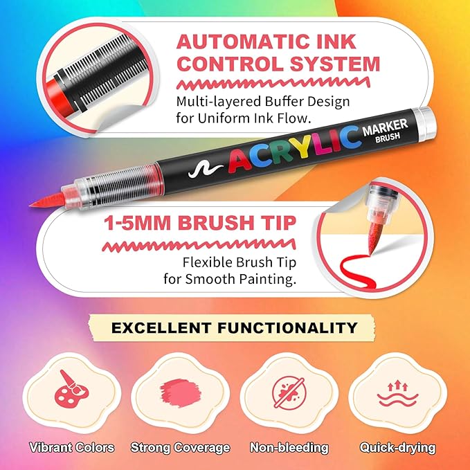 Acrylic Markers Set,72 Colors Acrylic Paint Markers Brush Tip,Vibrant Acrylic Paint Pens for Wood,Paper,Plastic,Glass,Fabric,Automatic Ink Control marcadores acrílicos (72 Colors)