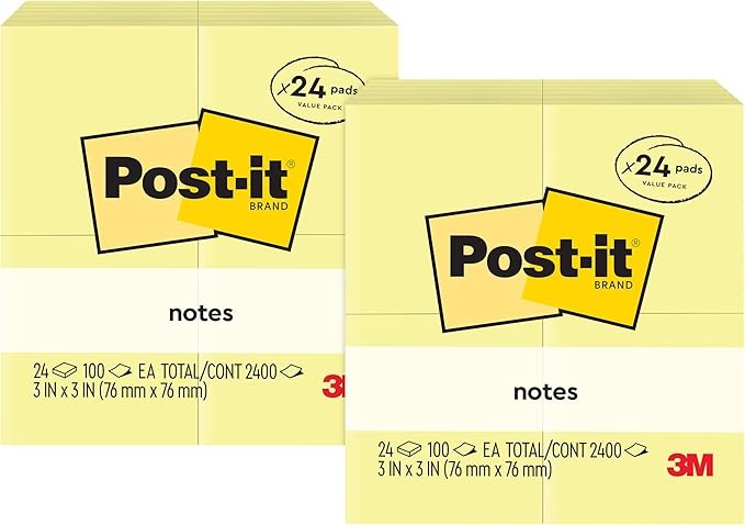 Post-it Notes, 3x3 in, 24 Pads, Canary Yellow, Clean Removal, Recyclable (Pack of 2)