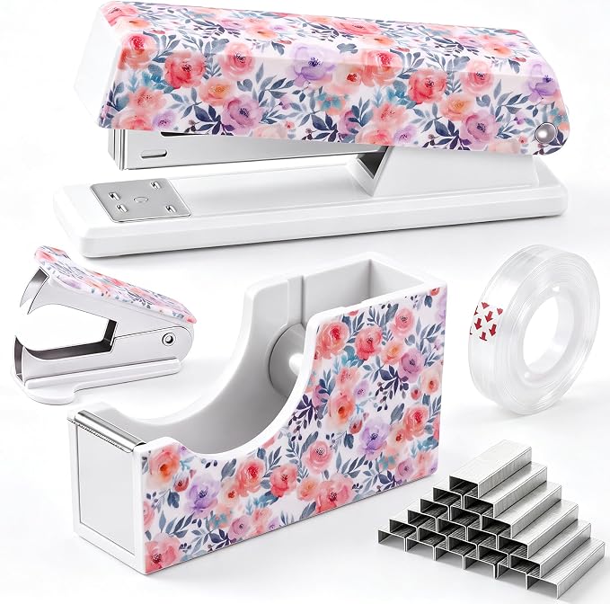 Eaasty Floral Stapler and Tape Dispenser Set for Women, Rose | Cute Office Supplies Set with 2 Tape Rolls, Staple Remover and 1000pcs 24/6 Staples, Teacher Desk Accessories for Women