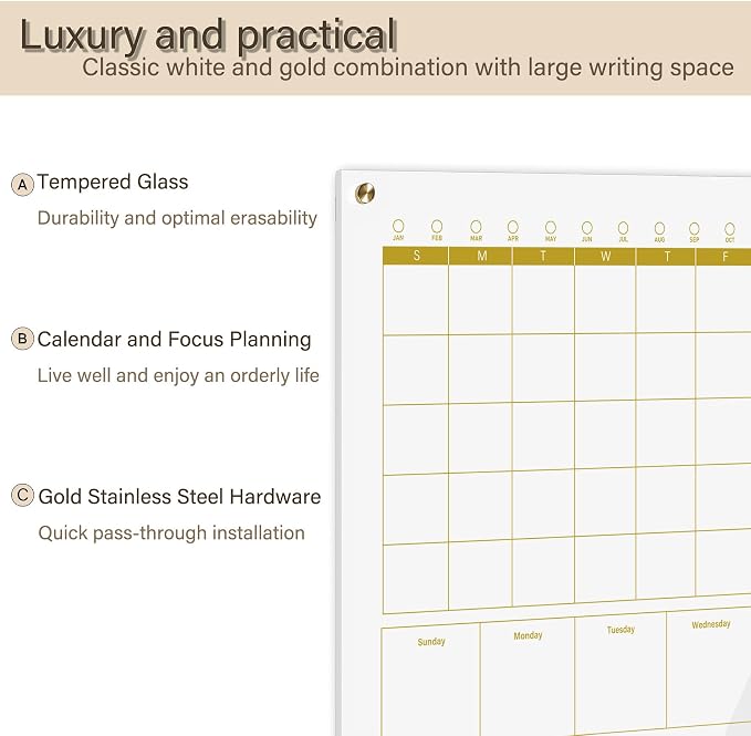 Glass 3-1 Golden Monthly Dry Erase Calendar Whiteboard for Wall,20"x 30",Frameless Mounting,Office/School/Home, Frameless Large Planner White Board