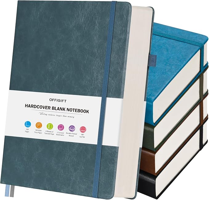 5 Pack Blank Journal, Hardcover Sketchbook, 320 Pages Blank Notebook, A5 | Cost-Effective 5 Pack 1600 Pages, 100gsm No Bleed Paper, Leather Hardcover, Lay-Flat for Sketching, Writing & Journaling