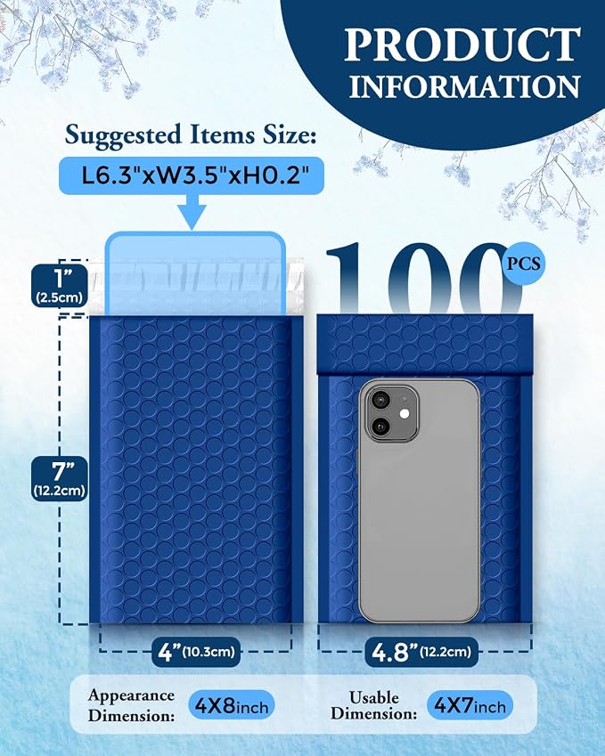 GSSUSA Blue Bubble Mailers 4x8 100 Pack, Self Seal Padded Envelopes | Usable Size 4x7, Waterproof, Opaque, #000, Mailing Bags For Cards, Jewelry, Gifts, Trading Cards, Small Business Packaging