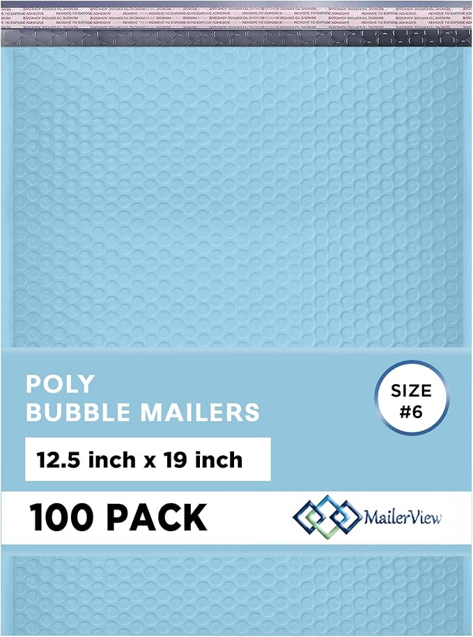 Light Blue Bubble Mailers 12.5x19.5 Poly Padded Envelopes #6 100 Pack | Holds Clothing & Bulk Items, Self-Seal Closure, Cushioned Protection, Water-Resistant Poly, Bulk Pack
