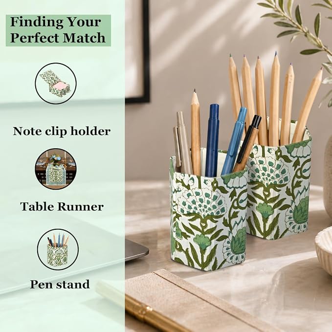 CPC Agate Green Block Print Cotton Pen Holder Set of 2 | Boho Makeup Brush Holder Floral Pencil Cup Girls Kids Durable Stand Desk Organizer Storage Floral Office Supplies, Classroom