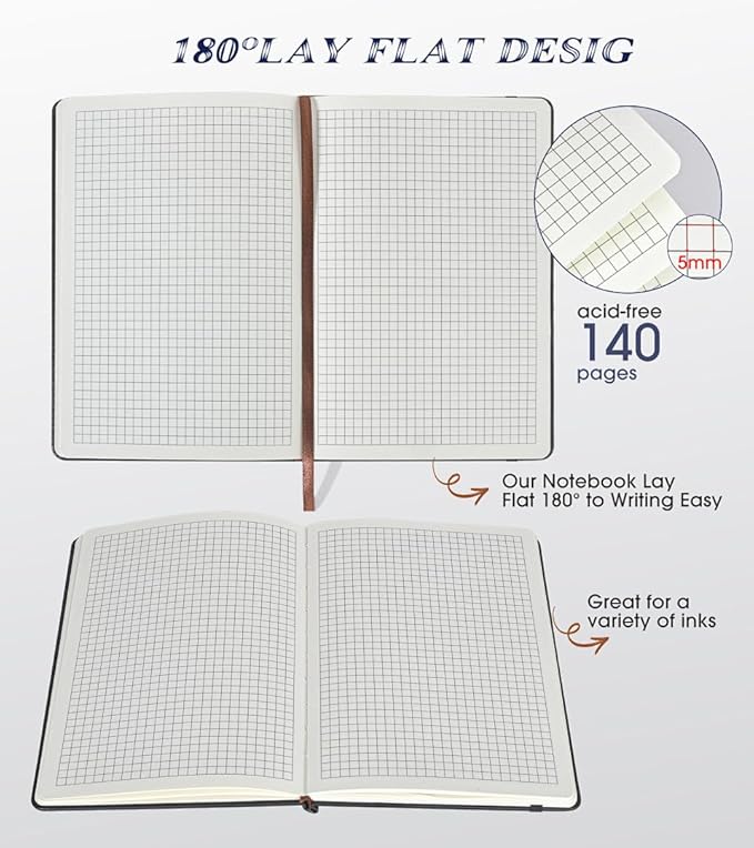Graph Paper Notebook Journal for Women Men,140 Pages Hardcover Grid Notebooks for Work & School,Leather Journals for Writing, Graphing Paper Notebook 5.7"×8.3" (Black)