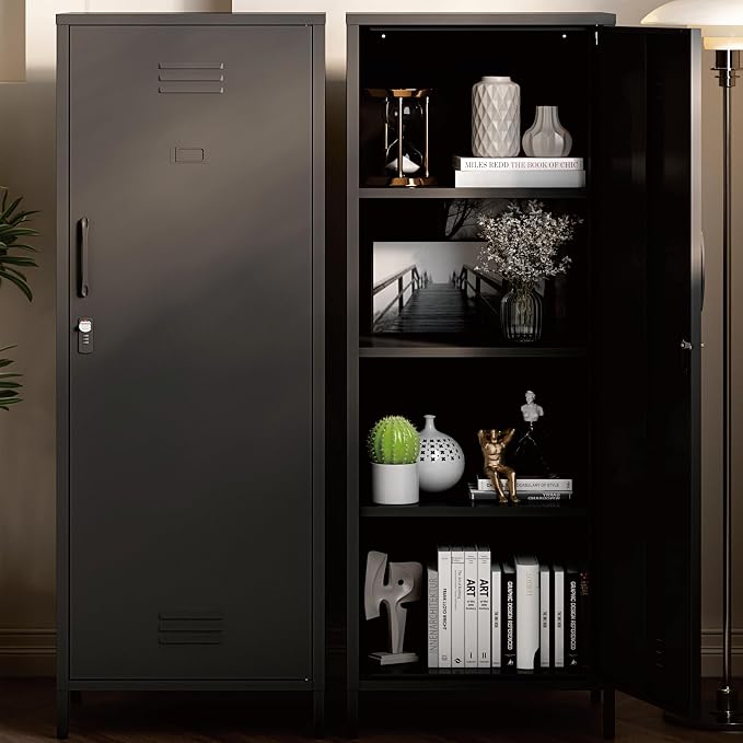 Metal Locker Storage Cabinet with Adjustable Shelves, 59" H Black Locking Tool File Cabinets Kids Snack Locker Organizer for School Classroom,Gym Home Office,Entryway and Hallway