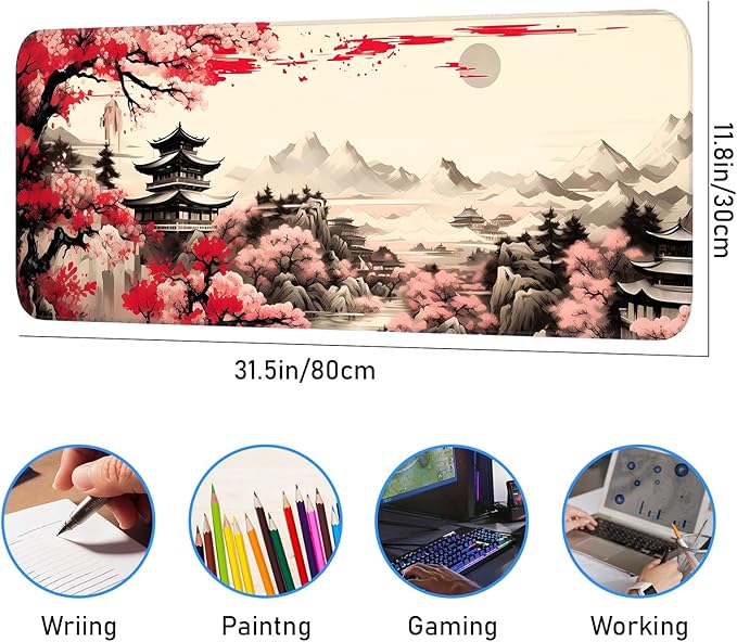 Japanese Sakura Gaming Mouse Pad, Non-Slip Rubber Base, Stitched Edges, for Office, Gaming, Home, 31.5x11.8 Inch, Desktop Decoration