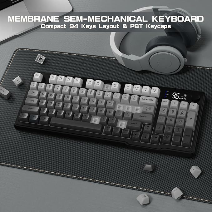 LexonElec M96 Wireless Keyboard, Low Profile Quiet Typing Membrane Gaming Keyboard with Smart Display & Knob, RGB Backlit, USB C Rechargeable, 94 Keys PBT Keycap for Windows PC,Mac,Linux-Moonlit Night