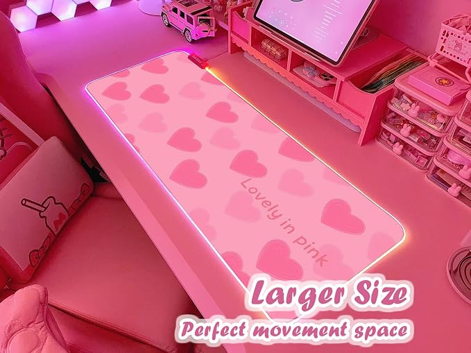 JMIYAV Pink Love Heart RGB Gaming Mouse Pad 31.5x12 Inch Cute Mousepad PC XL Large Extended Glowing Led Light Up Desk Pad Non-Slip Rubber Base Computer Mat Desk Accessories Gaming Setup Sweet Hearts