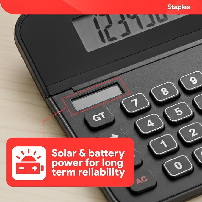 Staples 10-Digit Desktop Calculator, Solar/Battery, Large LCD | Basic financial functions in a compact design for everyday office use.