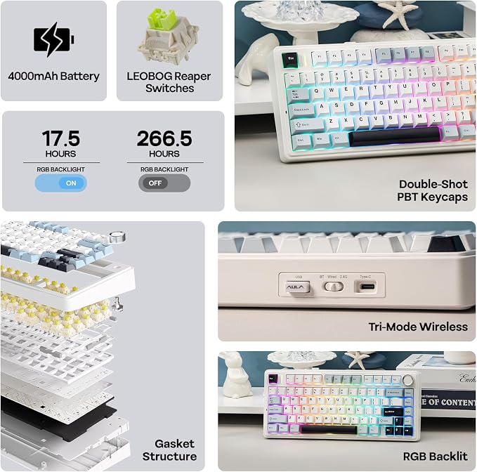 EPOMAKER x Aula F75 Gasket Mechanical Keyboard, 75% Wireless Hot Swappable Gaming Keyboard with Five-Layer Padding&Knob, BT/2.4GHz/USB-C, RGB (Light Blue, Ice Vein Switch)