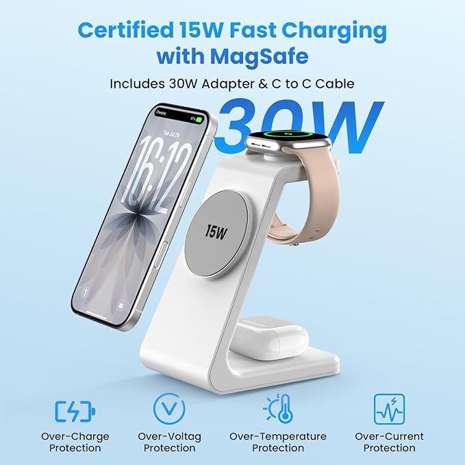 Magnetic Wireless Charging Station for iPhone: 3 in 1 15W Fast Charging for iPhone 17-12, Apple Watch & AirPods, N52 Magnets & 30W Adapter Included (Office/Bedside/Desk)