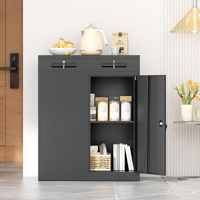 Metal Garage Storage Cabinets with Lock,Steel Storage Cabinet with Drawer and 2 Adjustable Shelves, Small Lockable Office Steel Cabinet for Home, Warehouse, School, Black