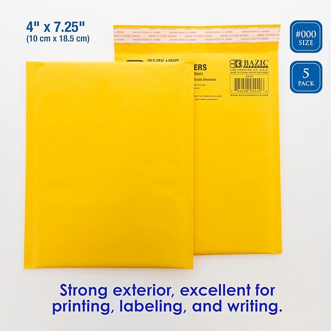 BAZIC 4" X 7.25" (#000) Self-Seal Bubble Mailers (5/Pack)