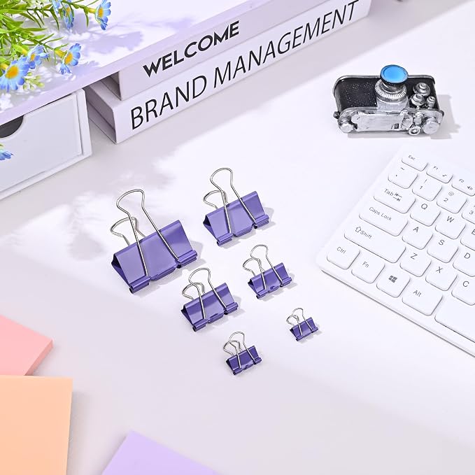 Temiary Metal Binder Clips, Assorted 6 Sizes Purple 208 P for Office, Home | Colored Binding Paperwork Clamp Bulk for Office, Home, School