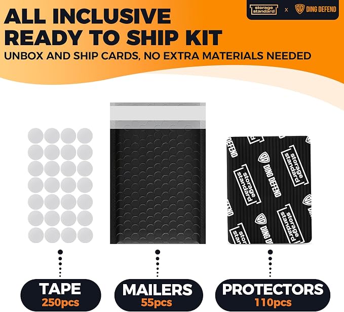 Ding Defend Card Shipping Protector Envelope Bubble Mailer Kit with 110 Card Shipping Protectors (3.5x4.5 Inches), 55 Bubbles Mailers, 250 Tape Seals for Collectible Cards - Black