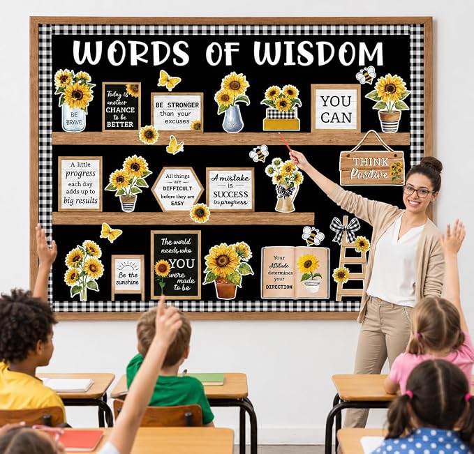Summer Sunflower Bulletin Board Set Motivational Flower Classroom Decorations Words of Wisdom Bulletin Board Sunflower and Vases Bookshelf Paper Cutouts for Back to School Classroom Library Wall Decor