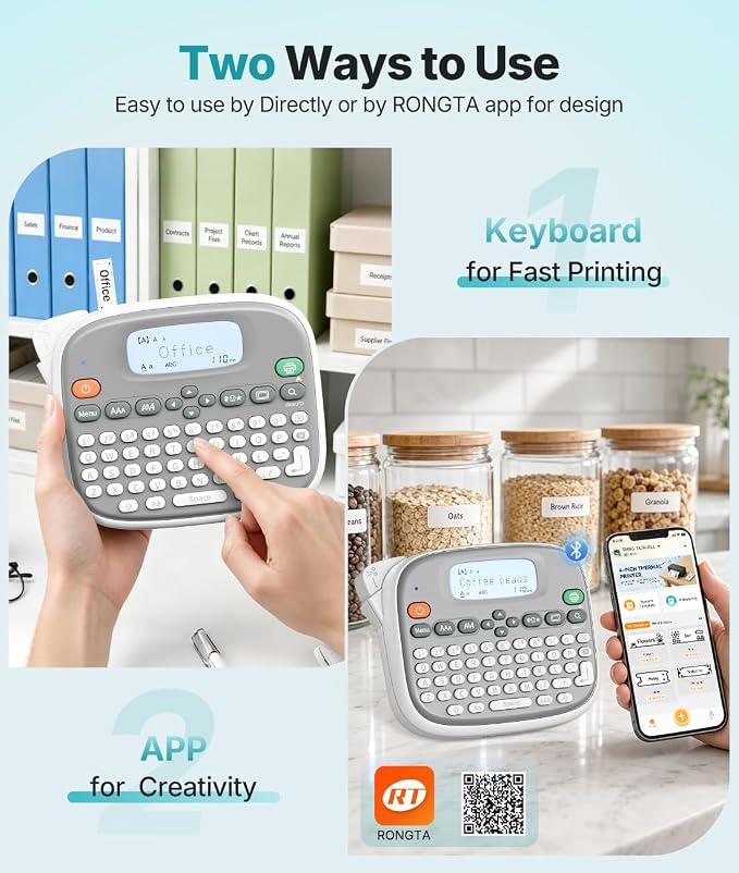 Rongta Label Maker Machine with Tape, Label Maker Waterproof with QWERTY Keyboard, TM95 12mm Portable Labeler for Home Organization, Office or School Supplier (Label Maker with 1 Tape, White)