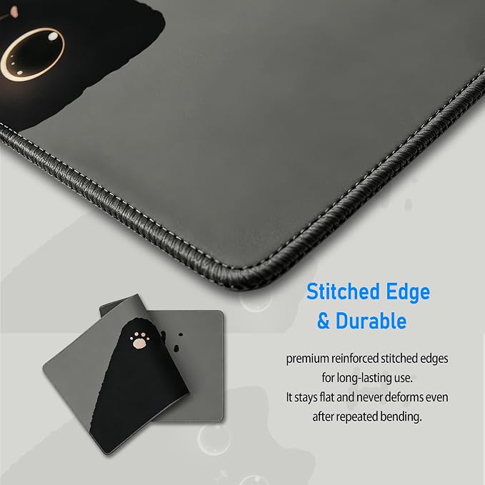 Black Cat Desk Mat,Large Cute Grey Aesthetic Mouse Pad,31.5 x 12 in | Minimalist Kawaii Gaming Mousepad,XL Girly Desk Decor Deskmat for Women,Stain Proof Computer Keyboard Pad,80 x 30 cm