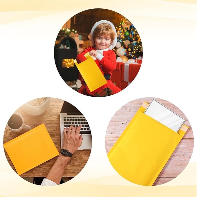 100 Pcs Kraft Bubble Mailers 3 Size Padded Envelopes Kraft Poly Mailers Bubble Lined Shipping Envelopes Mail Shipping Bags for CDs Book Business Supplies (Yellow)