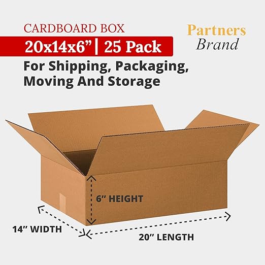 Partners Brand 20x14x6 Corrugated Cardboard Boxes, 20"L x 14"W x 6"H, Pack of 25 | Shipping, Packaging, Moving, Storage Box for Business, Strong Wholesale Bulk Boxes 20x14x6 20146