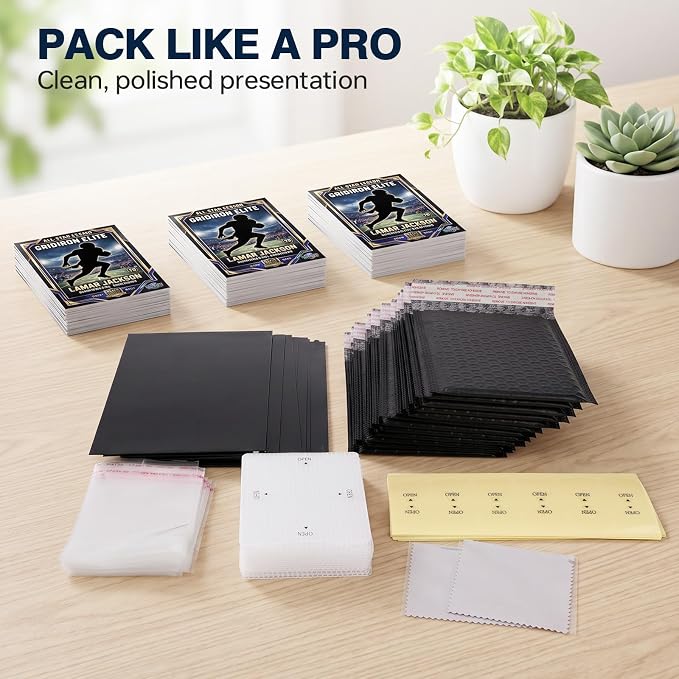 Trading Card Shipping Kit with Bubble Mailers, Kraft Envelopes and Sleeves | Includes card shipping protectors, clear bags and tape seals for layered protection, fast packing and everyday card shipping.