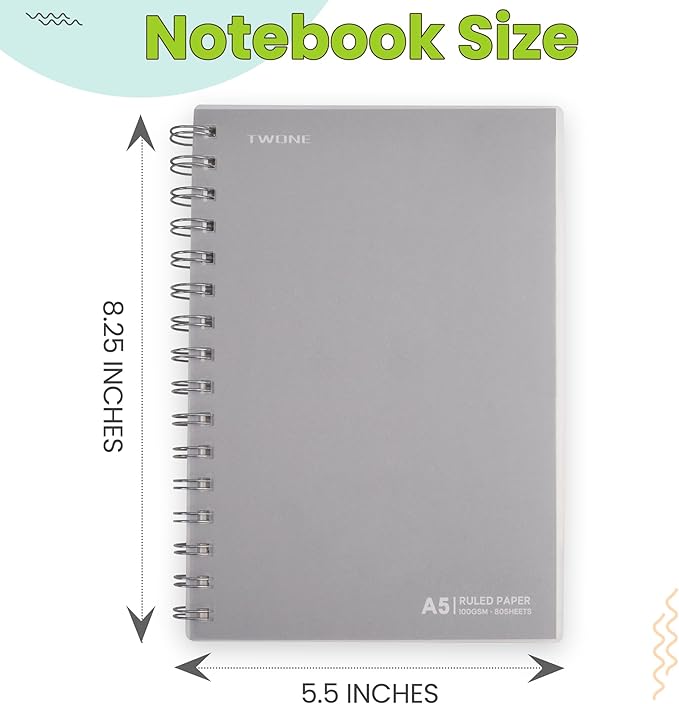 TWONE Spiral Notebook, 7"x10", 140 line Ruled Pages, Waterproof Frosted PP Cover, Green, Ideal for School, Office, and Personal Use