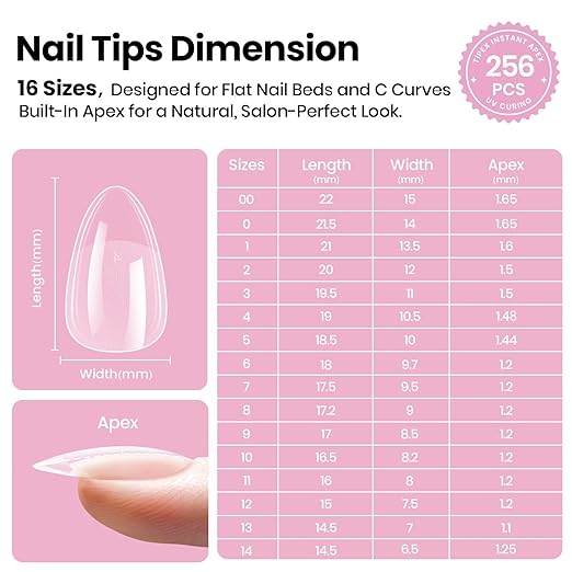 Beetles Tipex Lite Pre-Built Apex Gel Nail Tips, Almond Short, 256pcs Value Pack, 16 Sizes, Flat-Nail Friendly Acrylic Tips for Natural Nail Beds, Easy for Beginner DIY