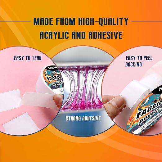 YONGJIN Double-Sided Fabric Tape (2 Rolls) - No Sewing or Ironing Required, Perfect for Quick Clothing Repairs, Fabric Bonding, Adhesive Cloth Tape for Hemming and DIY Crafts (3/5inch+1inch)