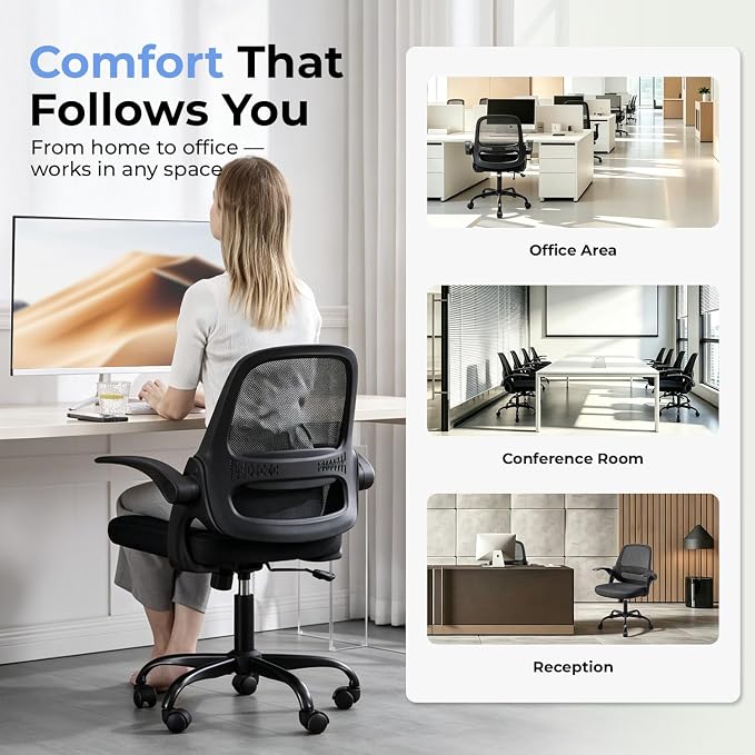 amseatec Mesh Office Chair, Ergonomic Home Office Chair with Flip-Up Arms | Breathable Mesh Back & 3" cushion. BIFMA Certified. 90-110° Rocking. Supports 300 lbs.
