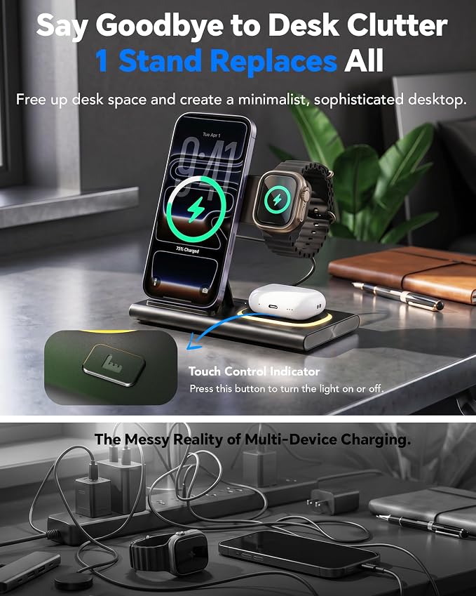 3 in 1 Foldable Wireless Fast Charging Station for Apple Multiple Devices | iPhone Charging Station for iPhone 17, Travel iWatch Charger Stand, Light Nightstand Charging Dock for Apple Watch/Airpods
