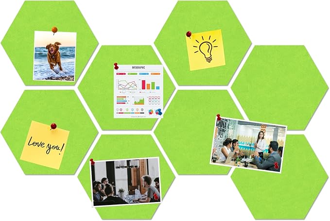 Large Hexagon Felt Cork Board Tiles, Self Adhesive DIY Felt Bulletin Board Pin Board with 35 Pushpins for Office School Home Wall Decor Stickers Memos Photos Display(Bright Green)