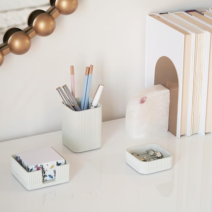 Aesthetic Desk Organizer Set of 3 For Your Office - Sturdy Concrete Desktop Accessories For Women or Men Enhance Any Office Decor - Set incl. Pen Holder, Paperclip Storage and Sticky Note Holder