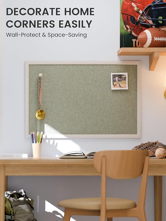 Fluxynara 35.4" x 23.6" Felt Frame Bulletin Board, Sage | Cork Board Alternative with 24 Removable Adhesive Tabs, Foldable Pin Board for Wall, Home, Office, Classroom & Dorm