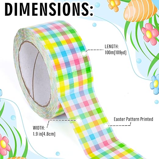 Whaline 109 Yard Easter Packing Tapes Spring Pastel Color Plaid Pattern Decorative Tape Waterproof Gift Wrapping Tape for Small Business DIY Crafts Box Carton Decor