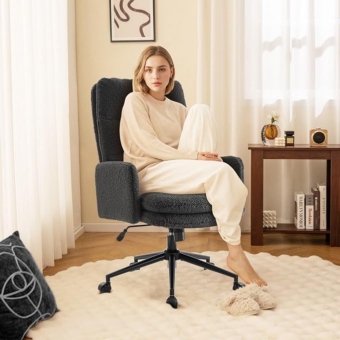 IWMH High Back Home Office Chair,Comfy Desk Chair with Armrests Cashmere | Ergonomic Upholstered Office Desk Chair,Height Adjustable Armchair with Wheels, 360° Swivel Desk Chair (Dark Grey)