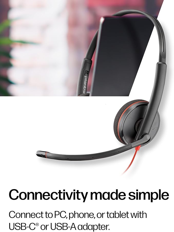 Poly Blackwire 3220 Wired Headset with Mic, Hi-Fi Stereo Sound, Noise-Canceling Mic, Stereo Design, Connect to PC via USB-C & USB-A Adapter, Over-Ear Design, Works with Virtual Meeting Platforms