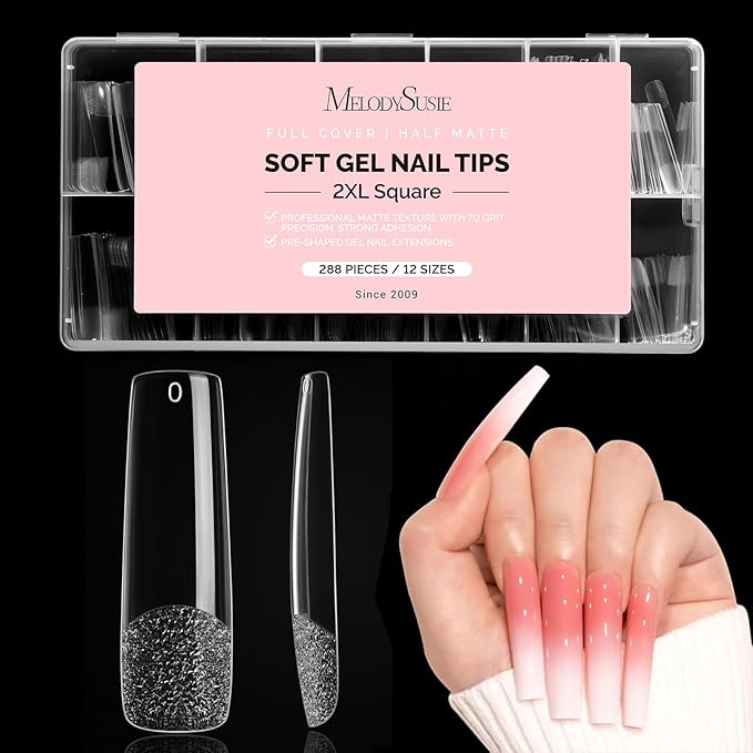 MelodySusie Long Square X Nail Tips - 288Pcs 12 Sizes Clear Acrylic, Half Matte Full Cover Press on Nails for DIY Extension & Salon Use,Pre-Shaped for Long-Lasting Manicure