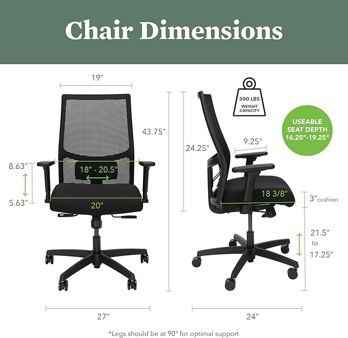 HON Ignition 2.0 Mid Back Task Chair, Standard Synchro-Tilt Control, Office Chair with Lumbar Support, Height and Width Adjustable Arms, Black Frame, Frost