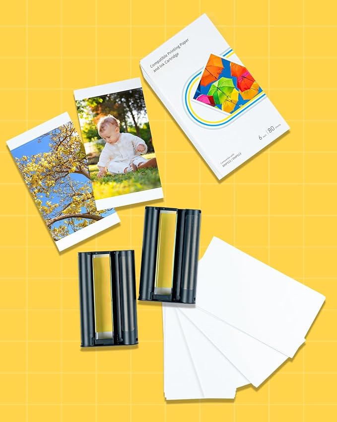 Compatible with Liene Amber M100/M200/M110/M210 4" x 6" Photo Printer 80 Sheets Photo Paper & 2 Ink Cartridges Refill, for DHP512/DHP513/DHP514/DHP515, Dye Sublimation, for Display, Framing