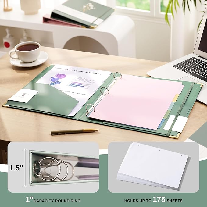 Aesthetic 3 Ring Binder 1 Inch Cute Three Round Rings Binders with Dividers Suitable for 8.5 x 11 Letter Size Paper Loose Leaf Binder with 2 Pockets for School Work