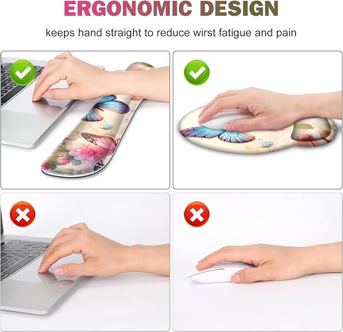 Gaming Mouse Pad, Large Desk Mat, 4in1 XXL Mousepad Cute Desk Pad Protector | Keyboard Wrist Rest+Mouse Wrist Rest+Coaster Set with Ergonomic Desk Pad for Home Office PC Computer, Butterflies Flowers