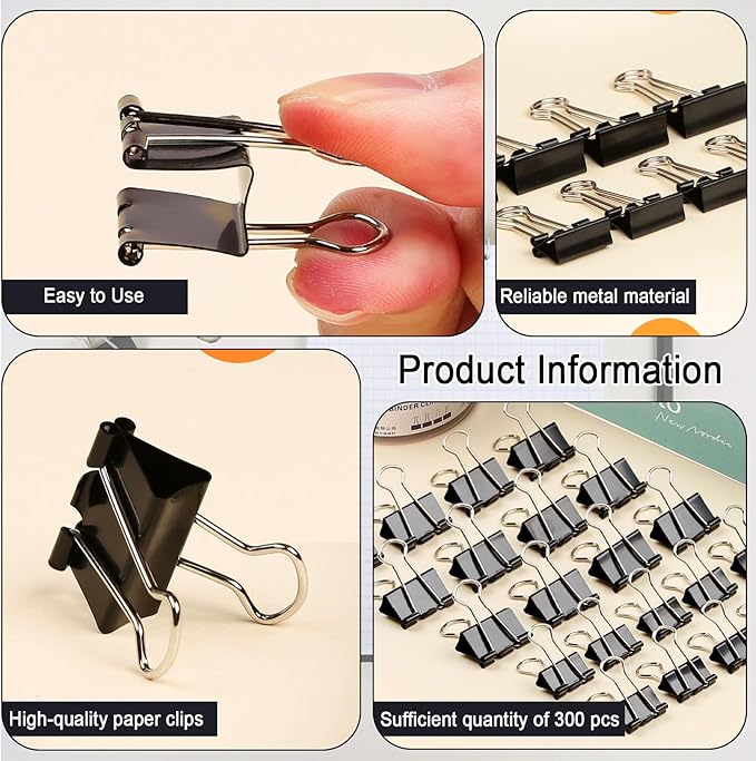 300 Pcs Binder Clips Assorted Sizes, 6 Sizes Jumbo, Large, Medium, Small, Mini and Micro, Metal Paper Clamps, Bulk Black Metal Binding Med Clips Office Supplies for Teachers Business