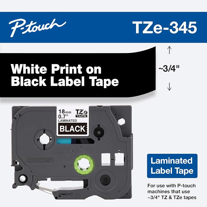 Brother Genuine P-Touch TZE-345 Tape, 3/4" (18 mm) Standard Laminated P-Touch Tape, White on Black, Laminated for Indoor or Outdoor Use, Water-Resistant, 26.2 ft (8 m), Single-Pack