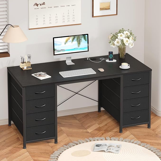 50 Inch Computer Desk with 8 Drawers for Home Office, Bedroom, Living Room | Home Office Desks with Power Outlets, Work Study Gaming Desk with 8 Fabric Drawers, Black