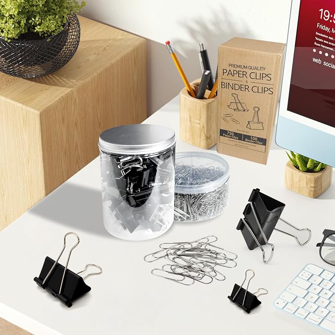 850 Pack Paper Clips and Binder Clips Assorted Sizes, | 750pcs Paper Clips and 100Pcs Binder Clips Assorted Sizes in Container for Home Office and School Supplies