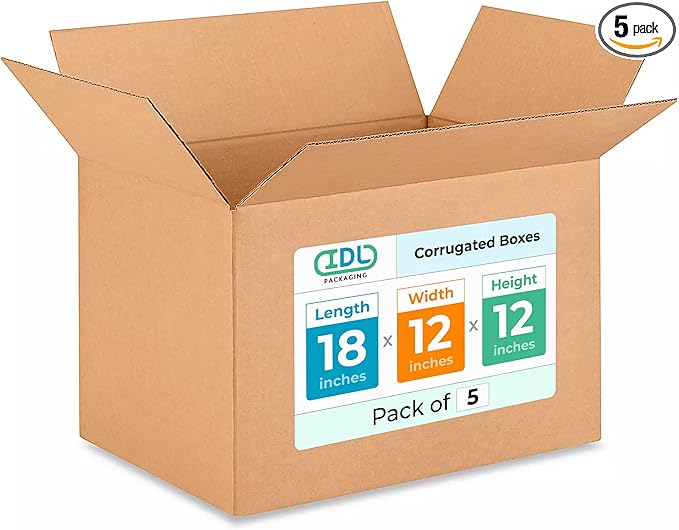 Medium Shipping & Moving Boxes 18 x 12 x 12 inches (5-Pack) - Extra Strength 200 lb vs Regular - USA-Made Corrugated Moving Boxes for USPS/FEDEX - Corrugated Medium Size Moving Box by IDL Packaging