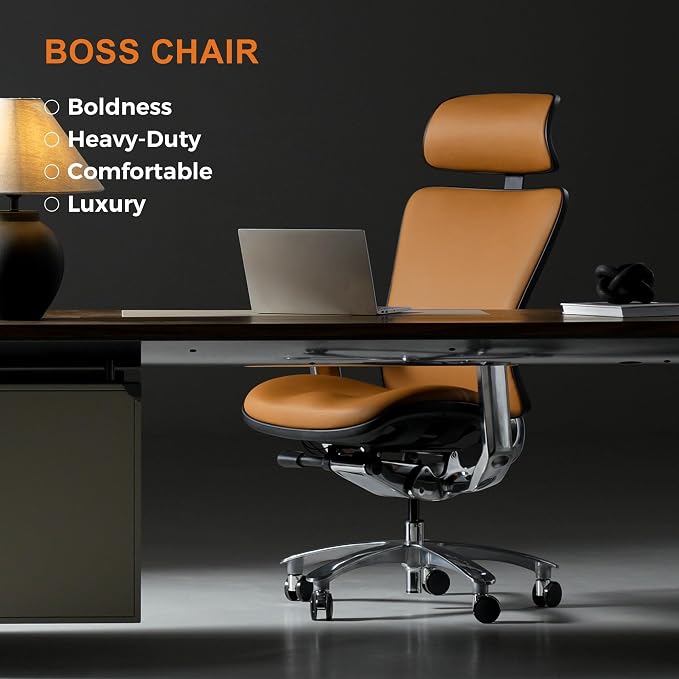 TOMU Genuine Leather Office Chair - Ergonomic Executive Office Chair for Boss and Manager, with Adjustable armrest, Headrest, Lumbar Support and Reclining Back- Luxury and Commercial