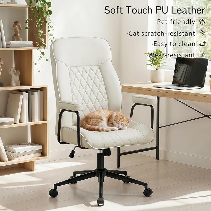Leather Office Chair, Comfy Home Office Desk Chair, Mid Century Modern Office Chair with Lumbar Support, Mid-Back Adjustable Swivel Computer Chair with Wheels and Arms, Cream White