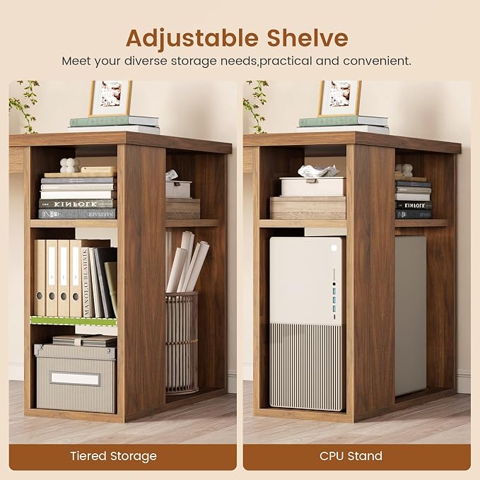SEDETA 67" Farmhouse L Shaped Desk with 3 Drawers, Executive Home Office Desks with Storage Shelves, Corner Computer Desk with Power Outlets for Home Office, Brown | Executive Home Office Desks with Storage Shelves, Corner Computer Desk with Power Outl...